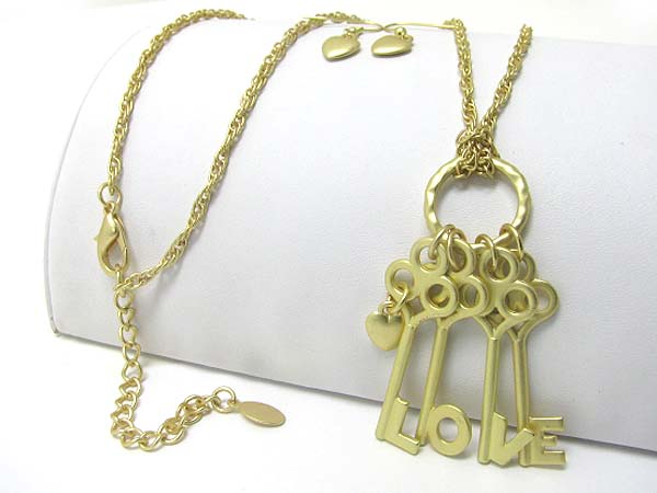 Love theme multi metal key dangle long chain necklace earring set