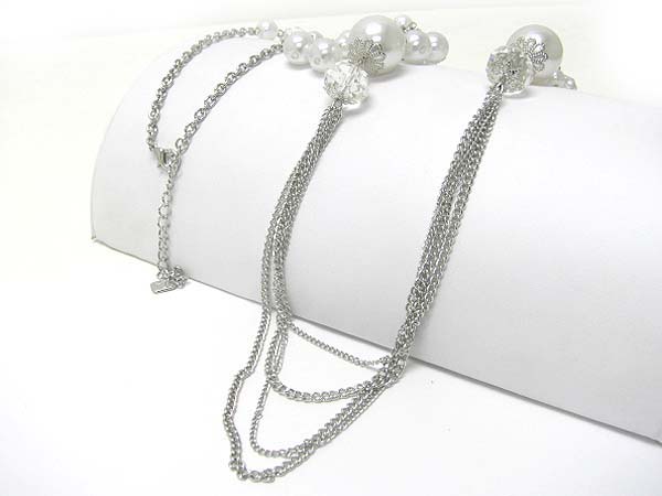 Pearl and glass beads accent long metal chain necklace earring set 