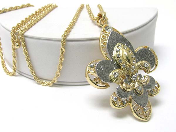 Multi layer crystal and scratch metal fleur de lis pendant long necklace