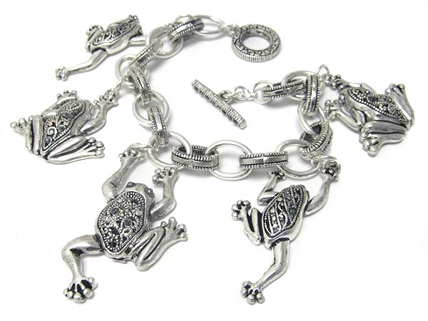 Marcasite look textured metal frog charm toggle bracelet