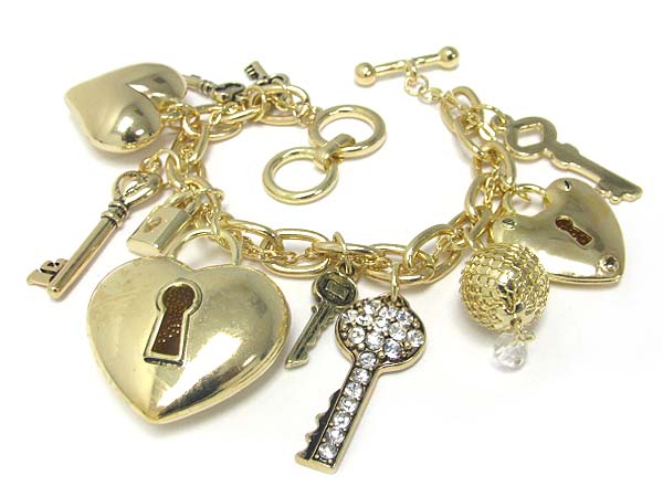 Crystal stud key and heart lock dangle toggle bracelet