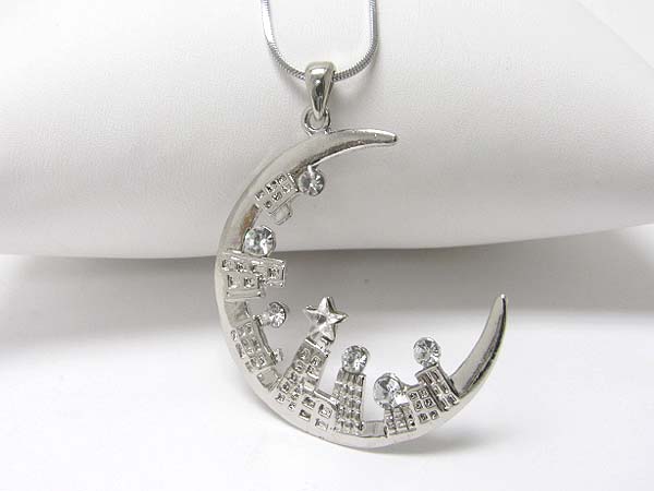 Made in korea whitegold plating crystal moon city pendant necklace