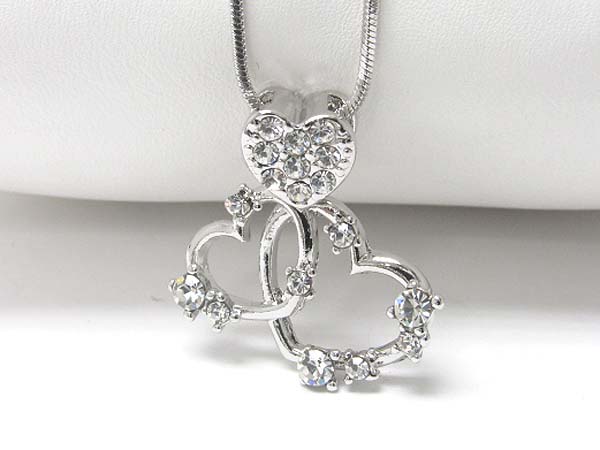 Made in korea whitegold plating crystal stud dual heart link necklace