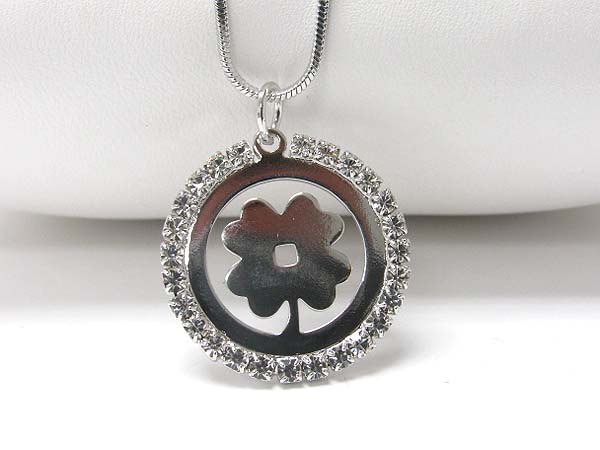 Made in korea whitegold plating crystal stud lucky clover round pendant necklace