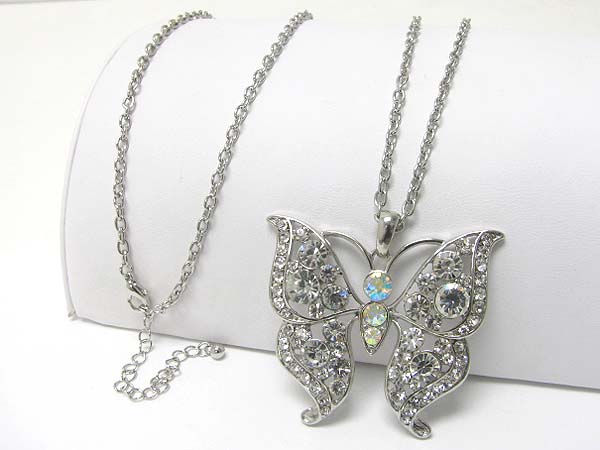 Crystal stud large butterfly pendant long necklace