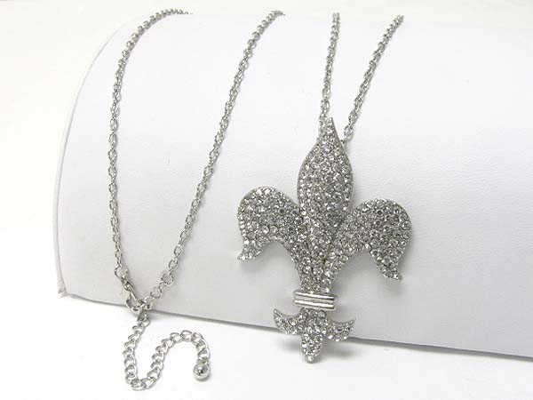 Crystal stud large fleur de lis pendant long necklace