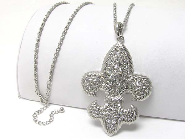 Crystal stud large fleur de lis pendant long necklace