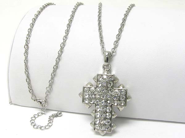 Crystal stud large cross pendant long necklace