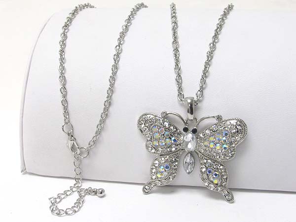 Crystal stud large butterfly pendant long necklace