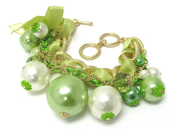 Multi pearl ball dangle chain and ribbon link bracelet