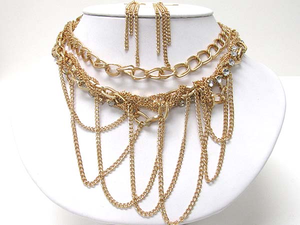 Crystal and tangle metal chain hanging long necklace earring set