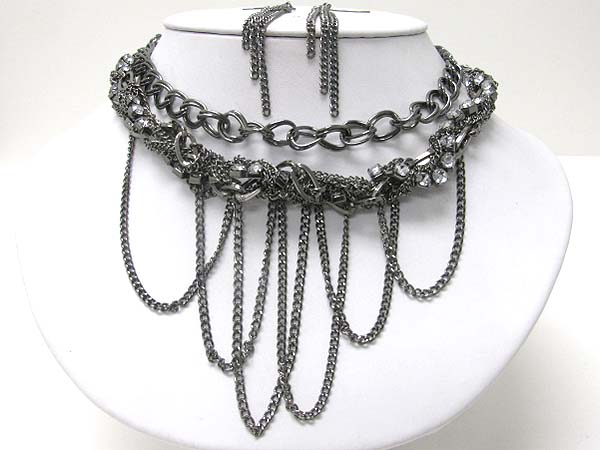 Crystal and tangle metal chain hanging long necklace earring set