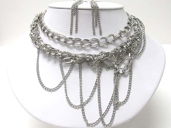 Crystal and tangle metal chain hanging long necklace earring set