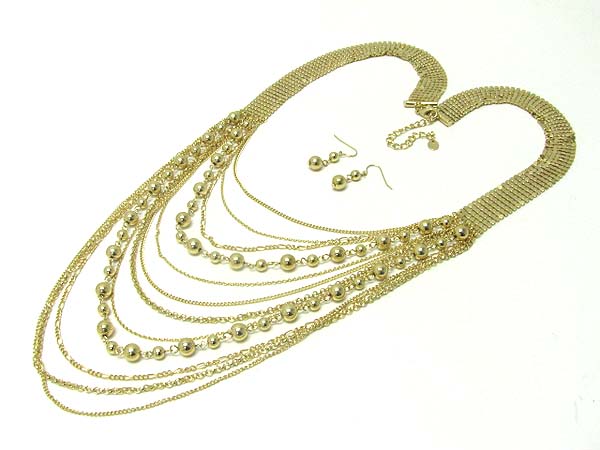 Multi strand metal chain long necklace earring set