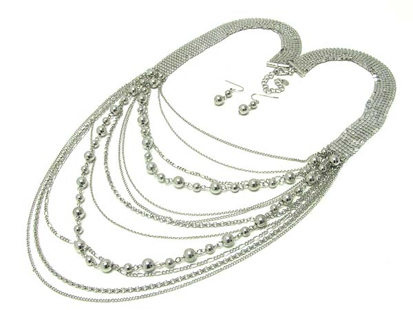 Multi strand metal chain long necklace earring set