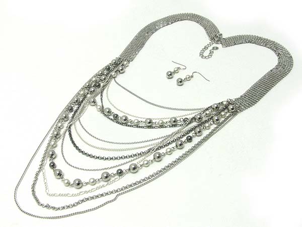 Multi strand metal chain long necklace earring set