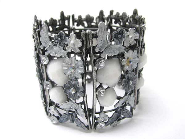 Crystal stud enamel work flower and butterfly deco wide stretch bracelet