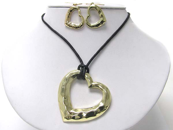 Hammered metal heart pendant and cord necklace earring set