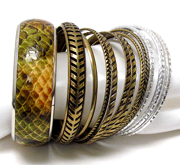 Multi metal casting and snake skin bangle bracelet set of 13