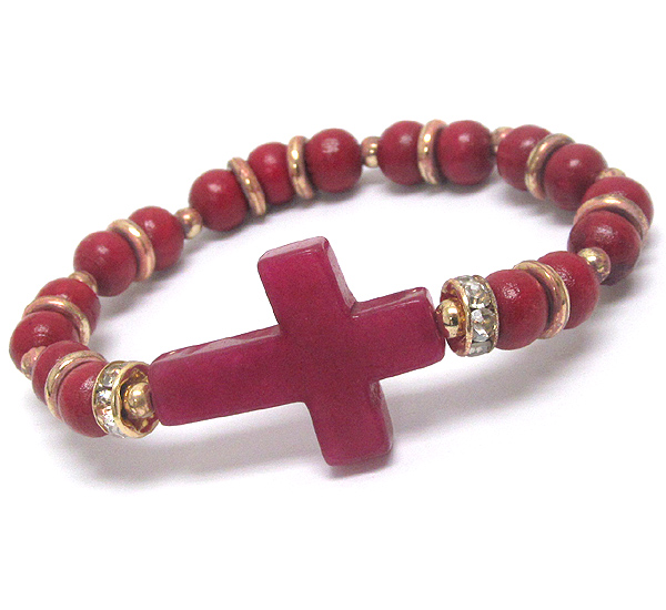 Stone cross and wooden ball bead and rondell accent stretch bracelet