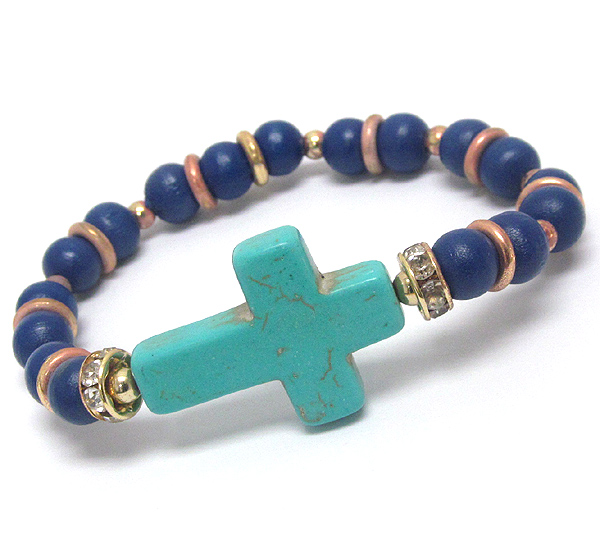 Stone cross and wooden ball bead and rondell accent stretch bracelet