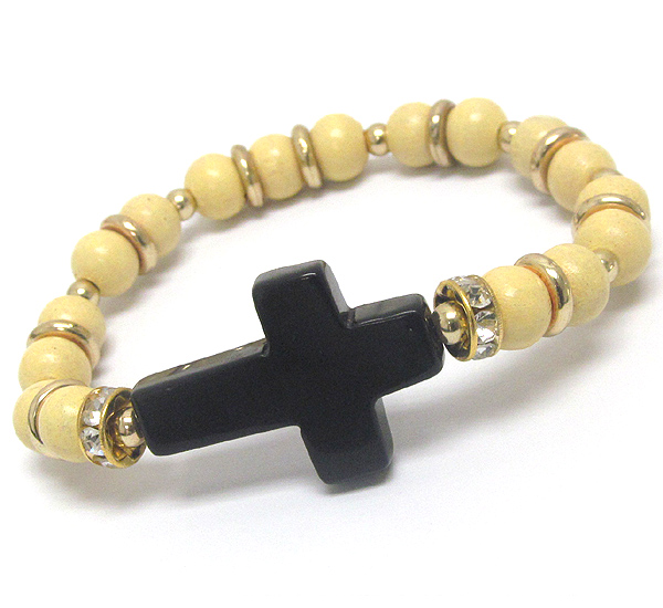 Stone cross and wooden ball bead and rondell accent stretch bracelet