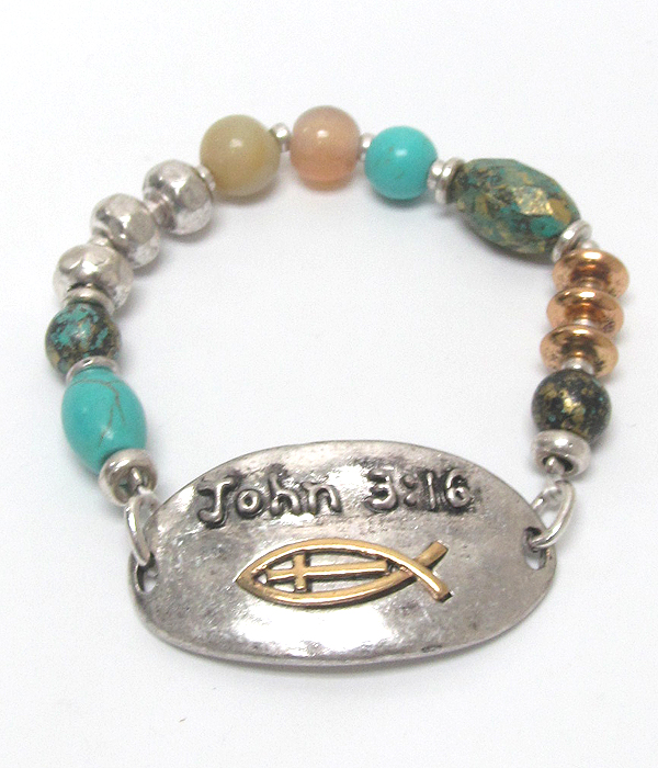 Bible message multi beads and stones stretch bracelet - john 3:16