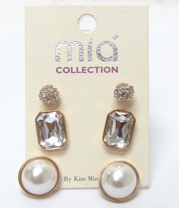 Pearl and crystal mix three pair earring set