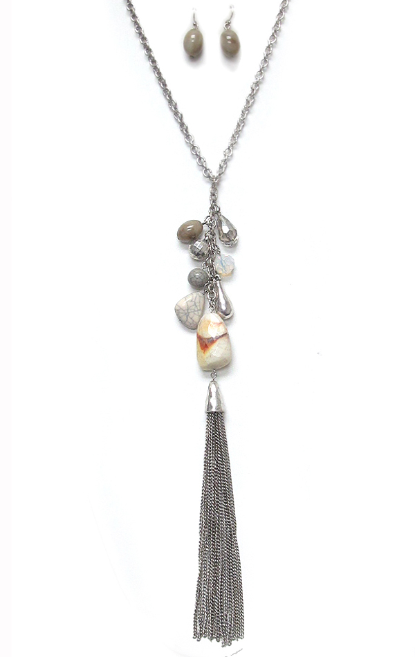 Genuine stone and fine chain tassel long nekclace set