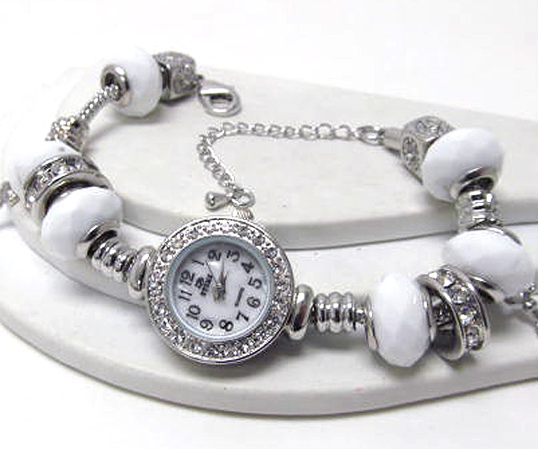 Metal round face with fashion crystal and murano glass rings with metal square link bracelet watch