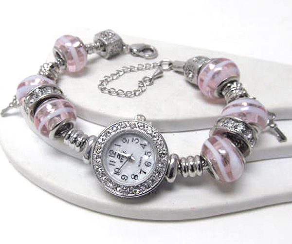 Metal round face with fashion crystal and crystal glass rings with metal square link bracelet watch