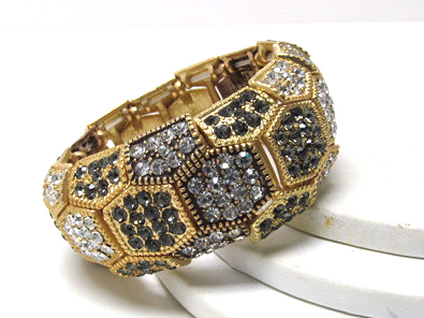 Architectural style crystal and multi metal tone stretch bracelet