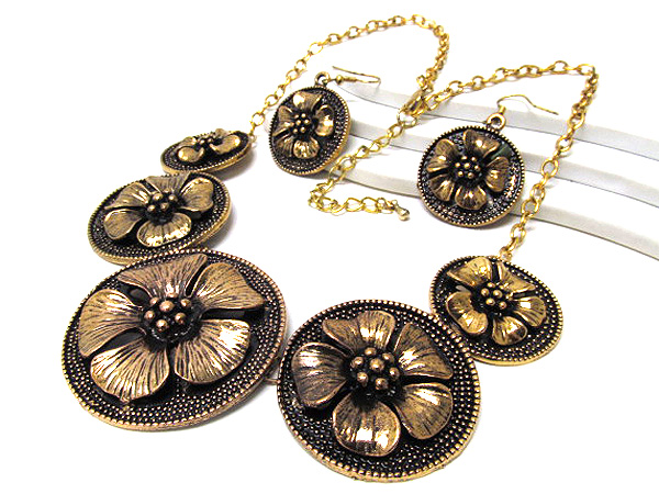 Metal texture five fashion style flower drop chian necklace earring set