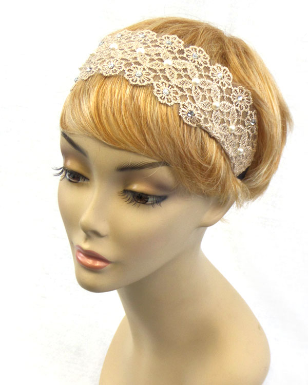 Crystal and pearl accent on thick lace stretch headband