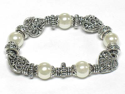 Pearl beads and casting metal part stretch bracelet