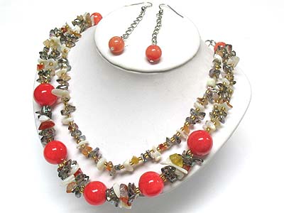 Marble stone ball and mixed chip stone necklace and earring set