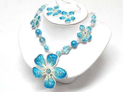 Crystal stud art paint three flower  neckalce and earring set