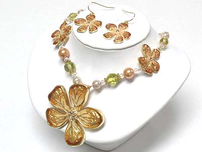 Crystal stud art paint three flower  neckalce and earring set