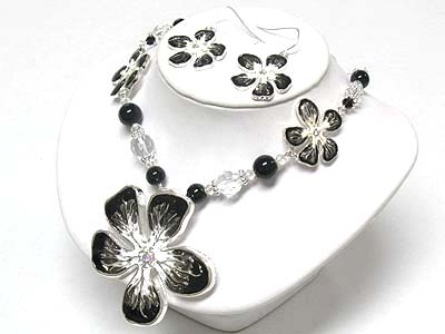 Crystal stud art paint three flower  neckalce and earring set