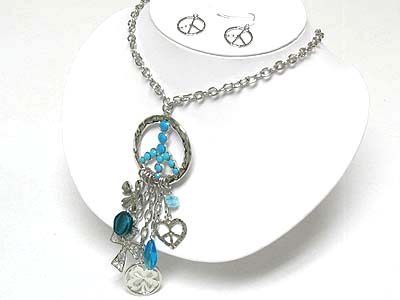 Peace theme multi charm dangle necklace and earring set