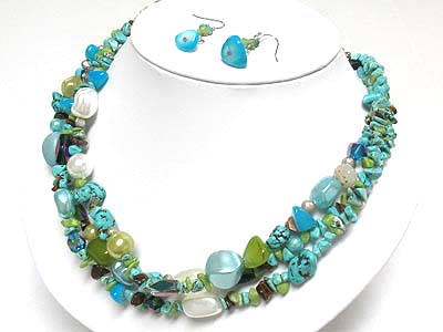 Multi strand natural stone and beads necklace and earring set