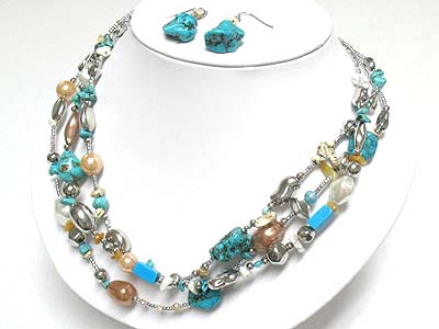 Triple hanging layer natural stone and beads necklace and earring set