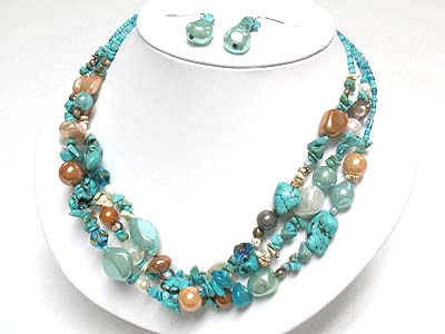 Multi strand natural stone and beads necklace and earring set