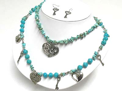 Multi charm dual layer natural stone and beads necklace and earring set