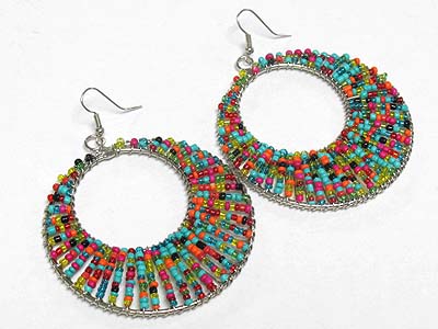 Multi color seed beads threads round disk earring