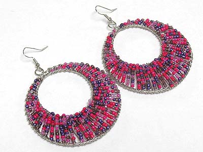 Multi color seed beads threads round disk earring