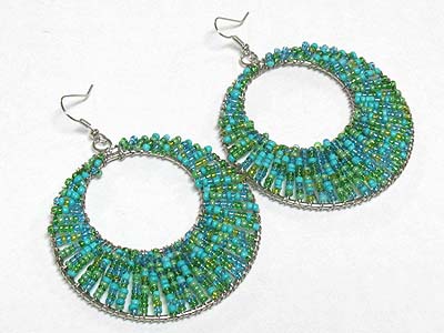 Multi color seed beads threads round disk earring