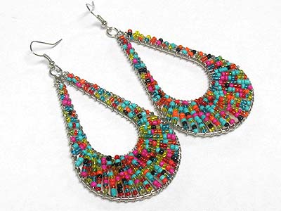 Multi color seed beads threads long drop earring