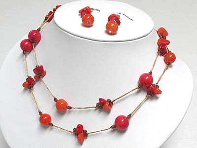 Natural chip stone and glass ball long necklace and earring set