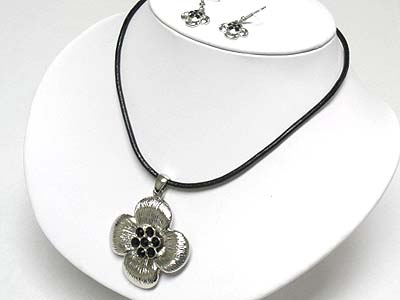 Crystal and metal flower pendant cord necklace and earring set